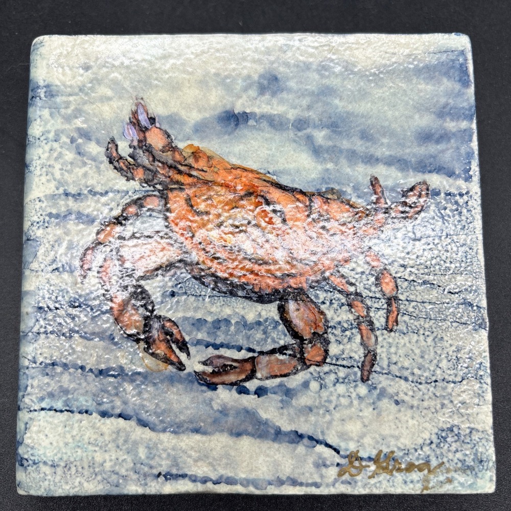 Debbie Grogan Signed Handmade Ceramic Crab Wall Tile 5x5 Coastal Folk Art Blue